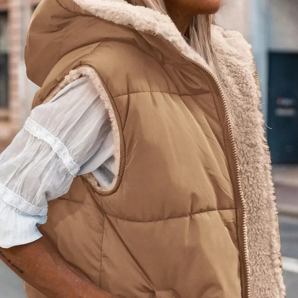 Light Camel Casual Women's Reversible Sleeveless Hooded Vest Jacket